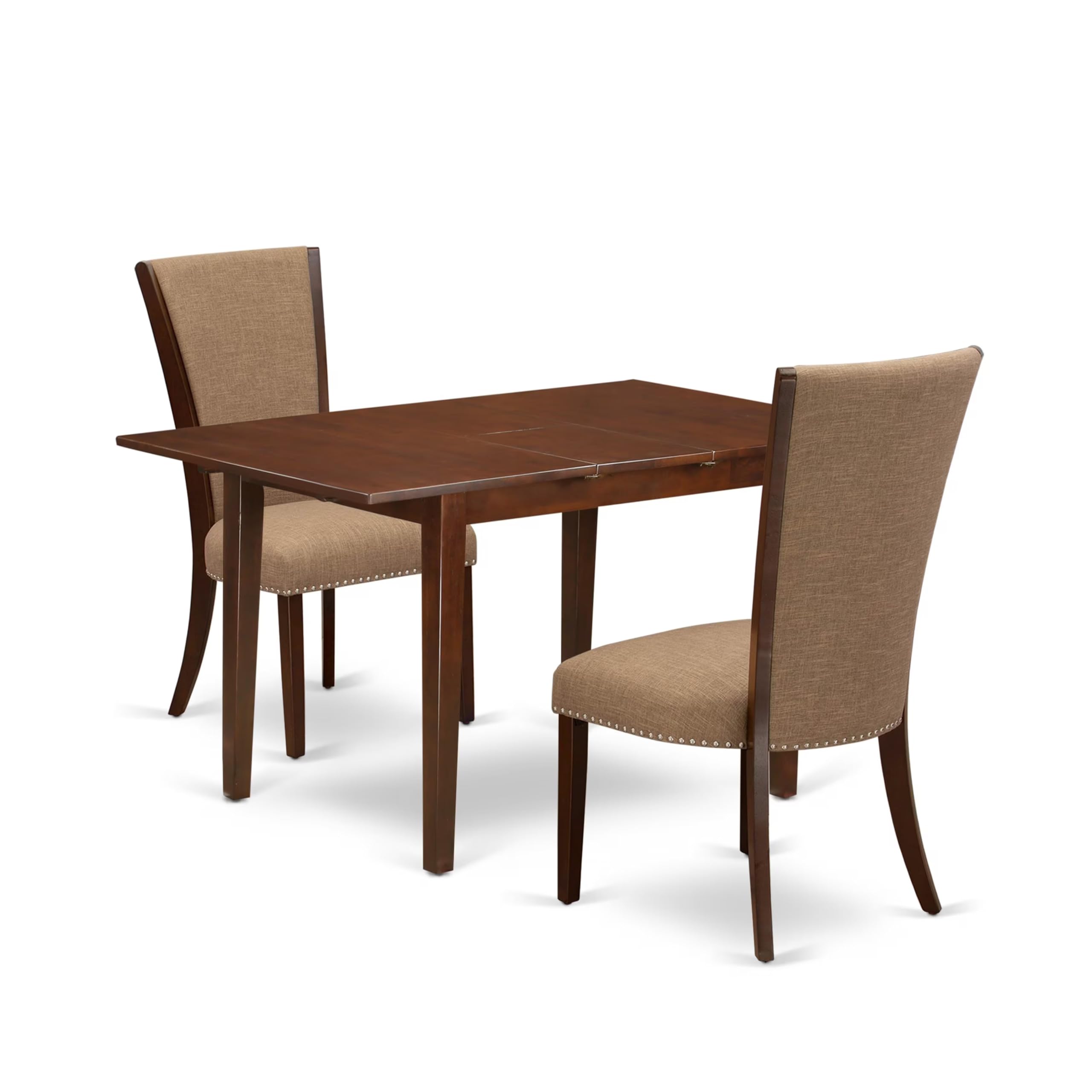 East West Furniture Psve3-Mah-47 3 Piece Kitchen Table Set Contains A Rectangle Dining Table With Butterfly Leaf And 2 Light Sable Linen Fabric Upholstered Chairs, 32X60 Inch, Mahogany